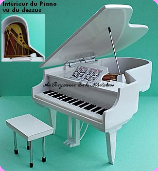 MUSIQUE de LUXE - PIANO A QUEUE miniature en BOIS laqué BLANC  + TABOURET assorti