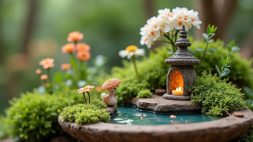 Jardin miniature enchanté avec figurines et plantes miniatures
