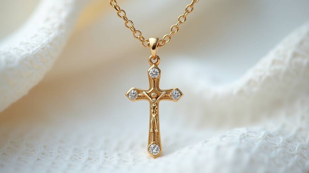 Une croix de baptême en or pour un petit garçon, posée délicatement sur un tissu, symbolisant la foi et la tradition.