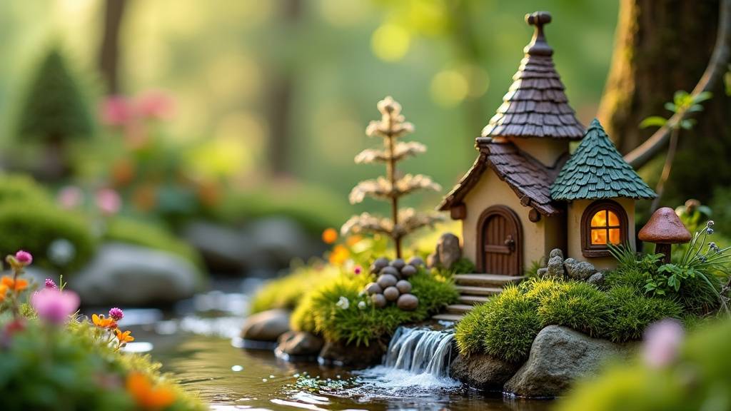 Jardin miniature féerique avec pont et maison miniature