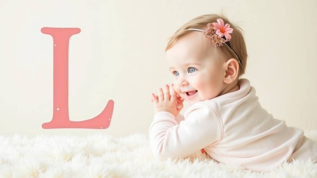 Petite fille souriante avec des lettres L, symbolisant le choix d'un prénom en L